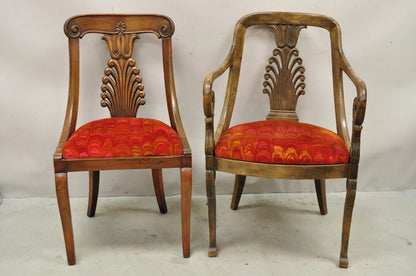 Italian Neoclassical Plume Carved Walnut Saber Leg Dining Chairs - Set of 6