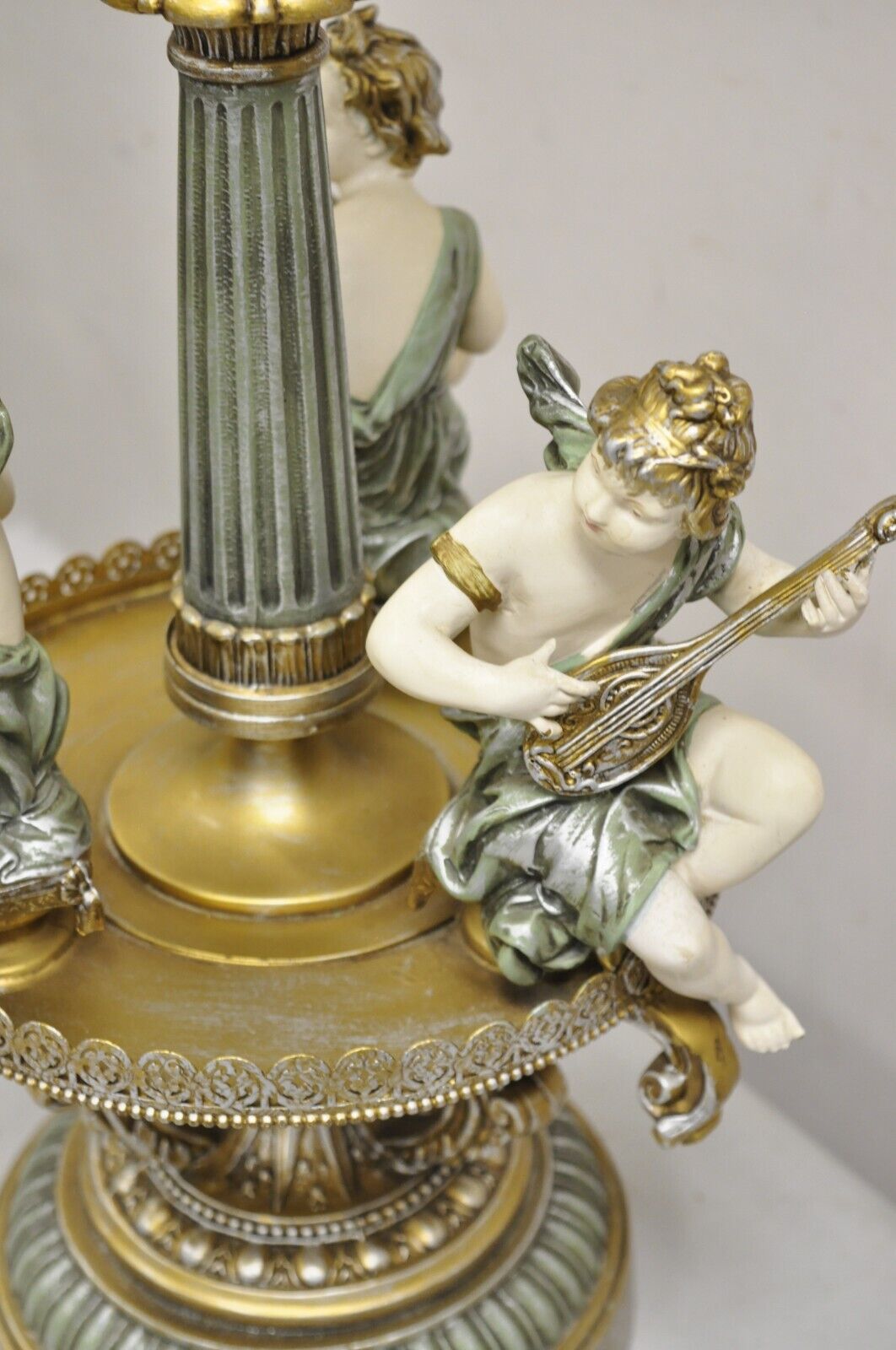 Vintage French Victorian Renaissance Figural Cherub Musician Metal Table Lamp