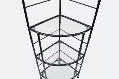 Vintage Hollywood Regency Iron Metal Faux Bamboo Corner Bakers Rack Etagere
