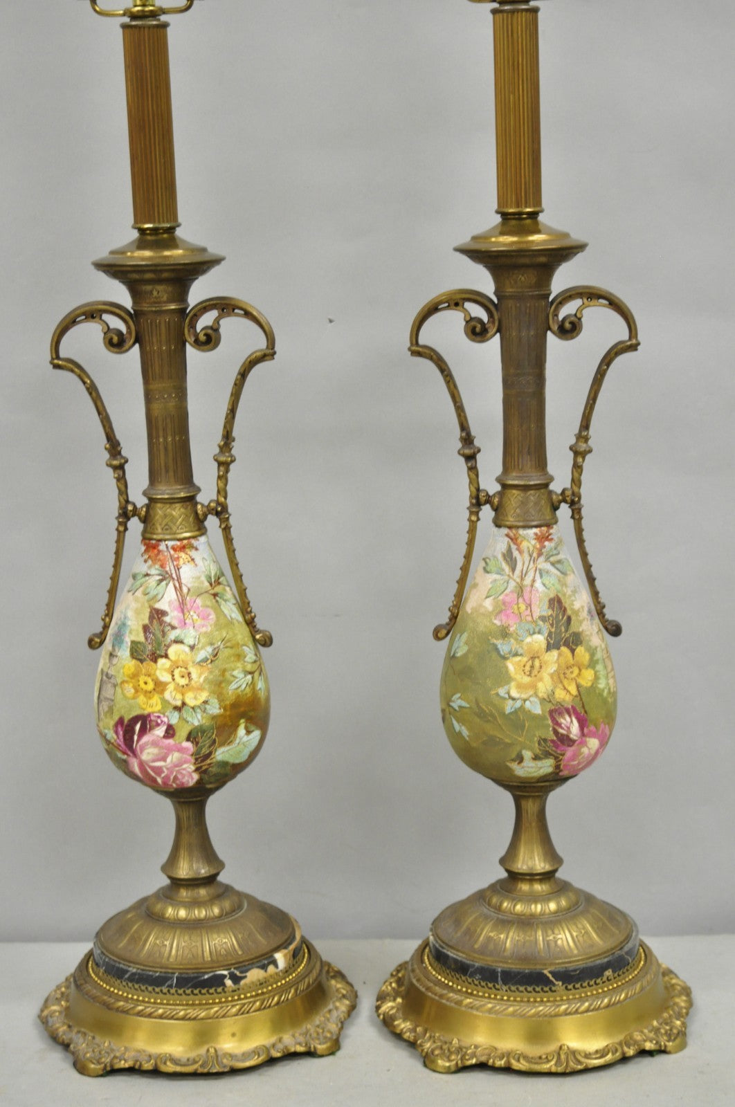 Antique Victorian Brass and Porcelain Urn Hand Painted Flower Table Lamps a Pair