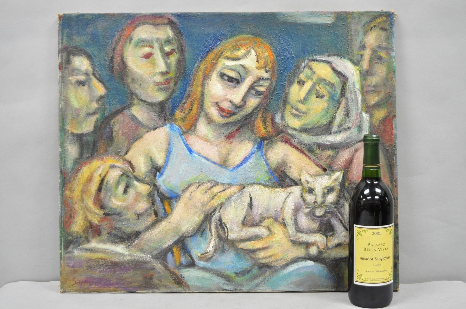 Vintage Samuel Heller "Women with Cat" Oil on Canvas Portrait Painting Signed