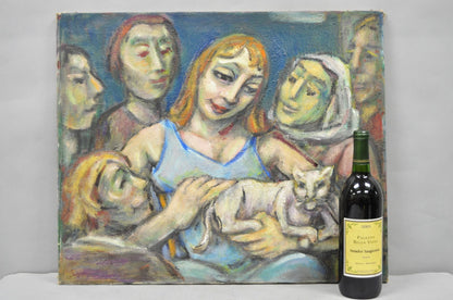 Vintage Samuel Heller "Women with Cat" Oil on Canvas Portrait Painting Signed