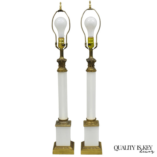 Vintage French Empire Neoclassical White Milk Glass Column Table Lamps - a Pair