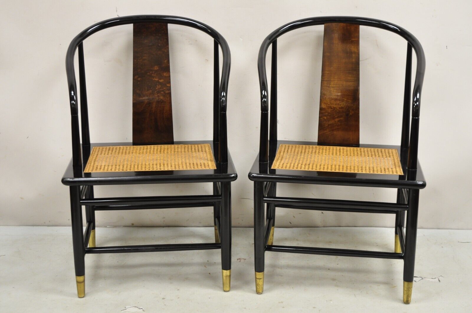 Vintage Henredon Scene 3 Oriental Black Lacquer Asian Horseshoe Chair - a Pair