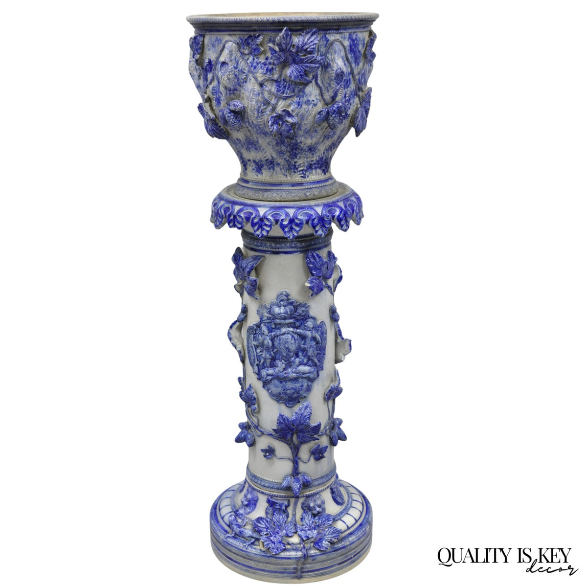 Antique German Westerwald Salt Glaze Stoneware Cobalt Blue Jardiniere & Pedestal