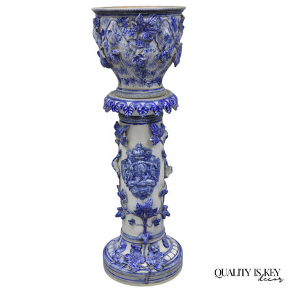 Antique German Westerwald Salt Glaze Stoneware Cobalt Blue Jardiniere & Pedestal