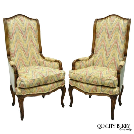 Vintage French Country Provincial High Back Walnut Arm Chairs (A) - a Pair