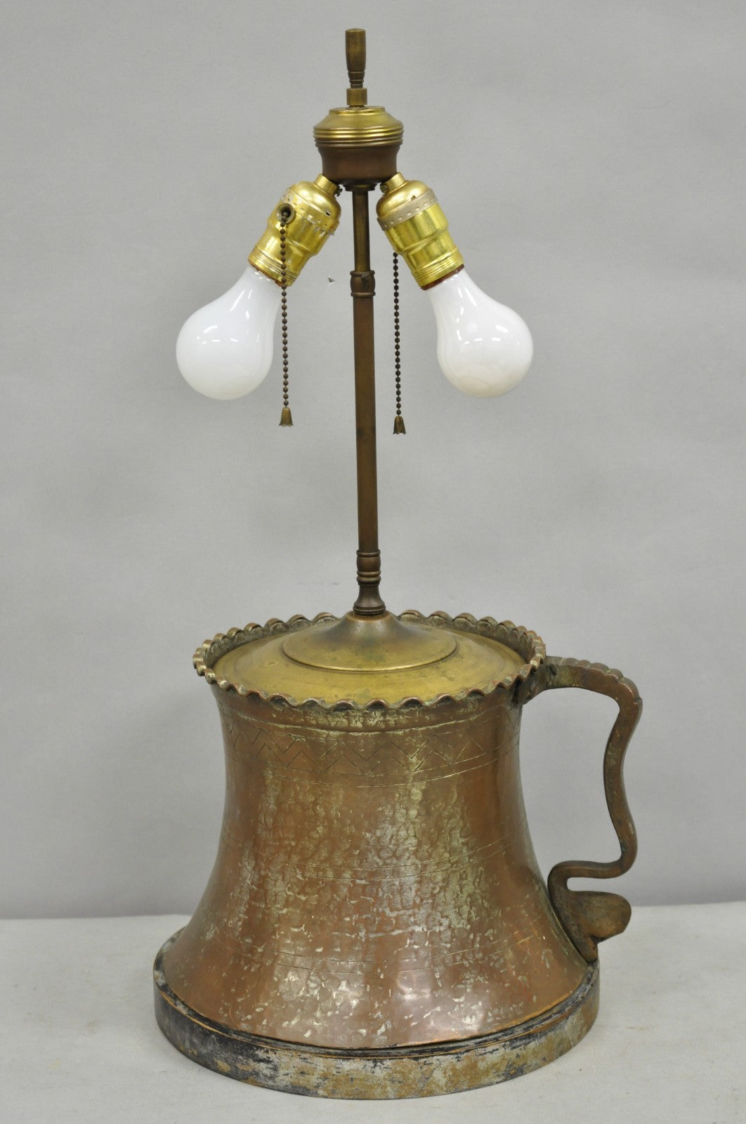 Antique Anglo Indian Moroccan Hammered Copper Pitcher w Handle Table Lamp