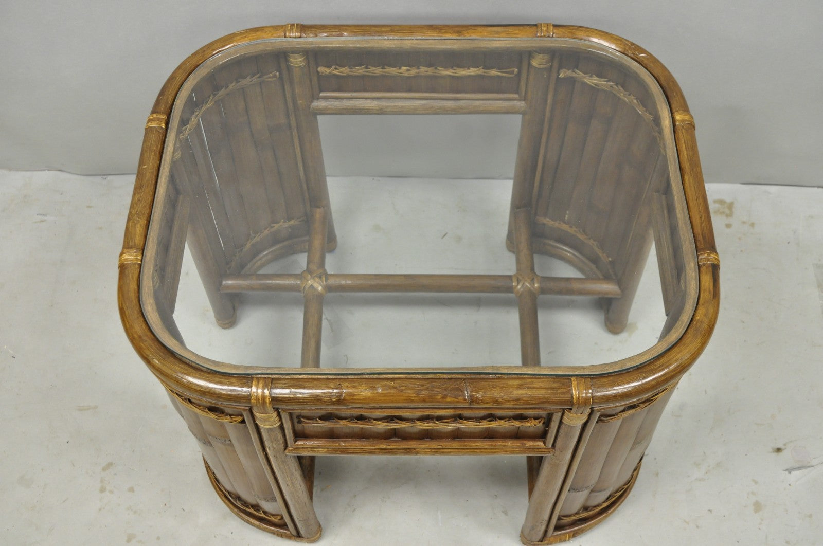Vintage Hollywood Regency Bentwood Rattan Glass Top Beach House Side Table