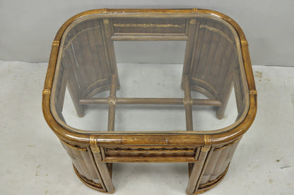Vintage Hollywood Regency Bentwood Rattan Glass Top Beach House Side Table