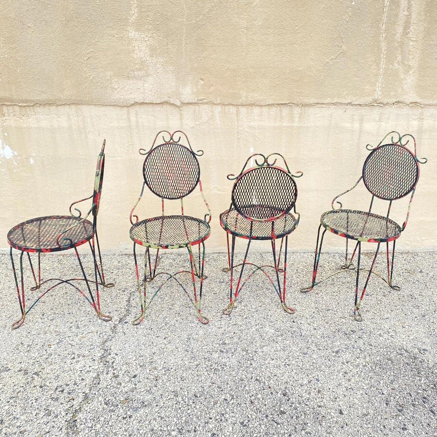Vintage Victorian Style Small Wrought Iron Camo Paint Garden Patio Chair - Set 4