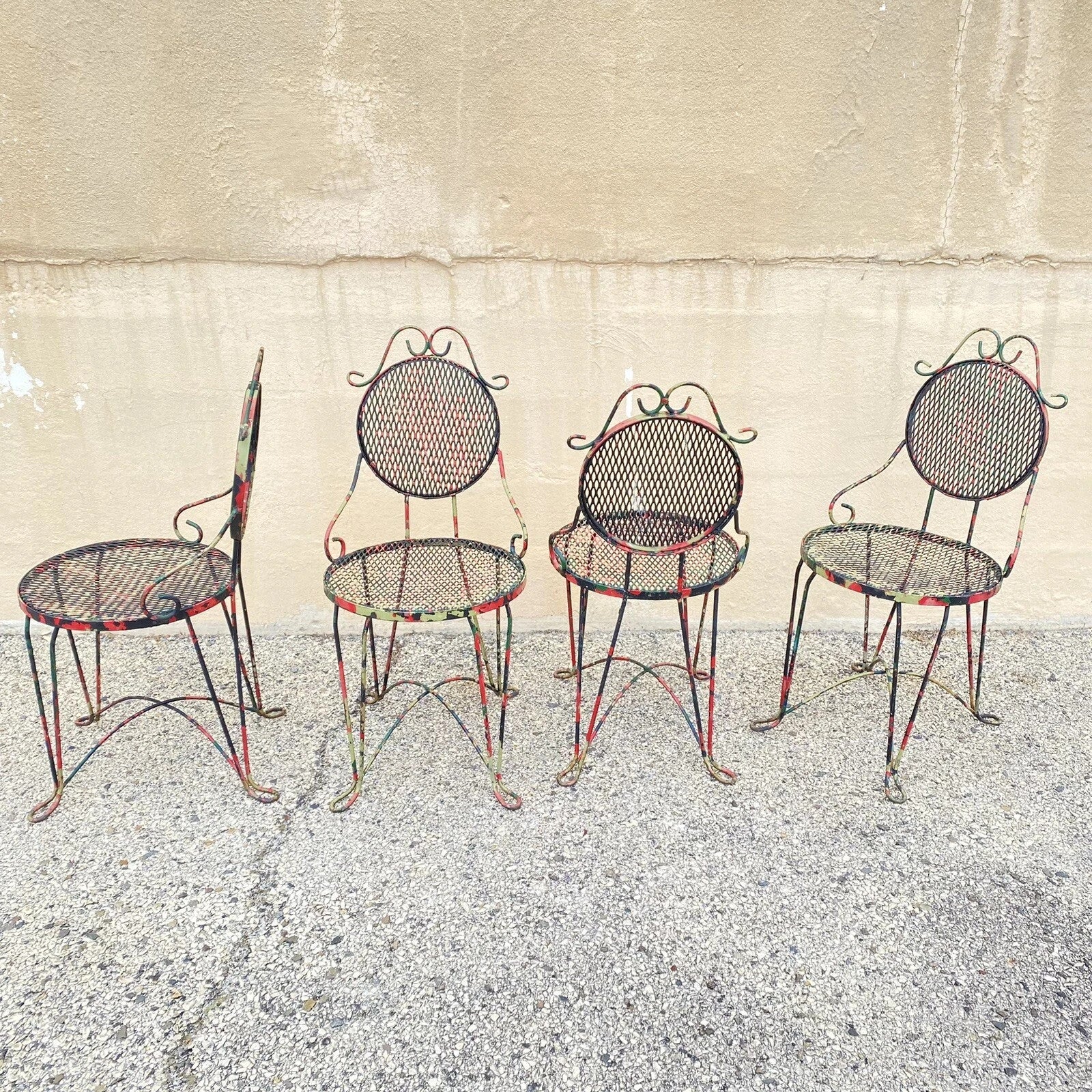 Vintage Victorian Style Small Wrought Iron Camo Paint Garden Patio Chair - Set 4