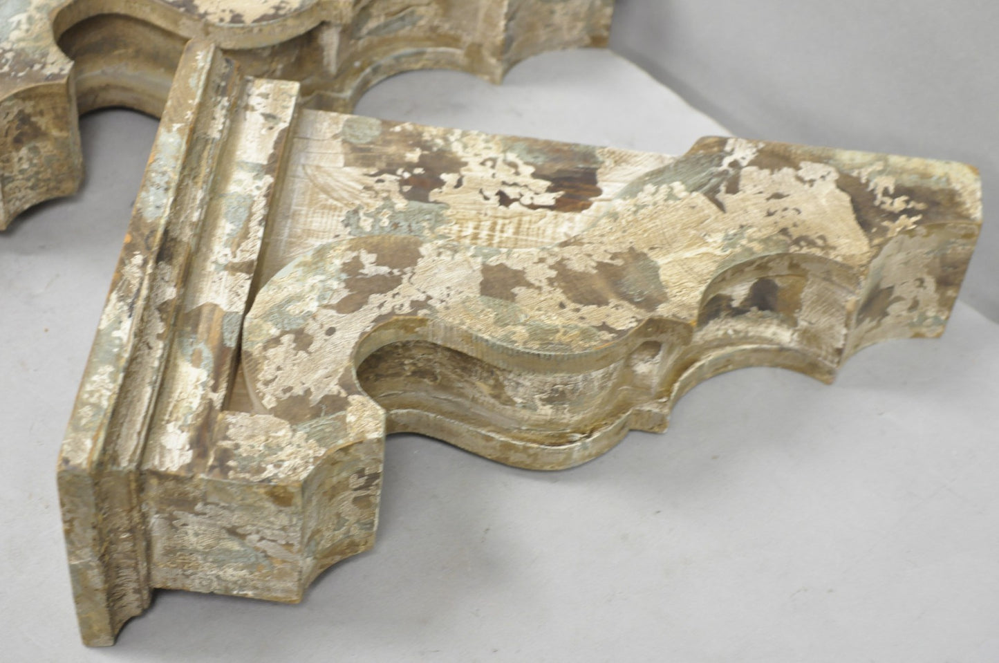 Victorian Carved Wood Blue & White Distress Painted Corbel Wall Bracket - a Pair