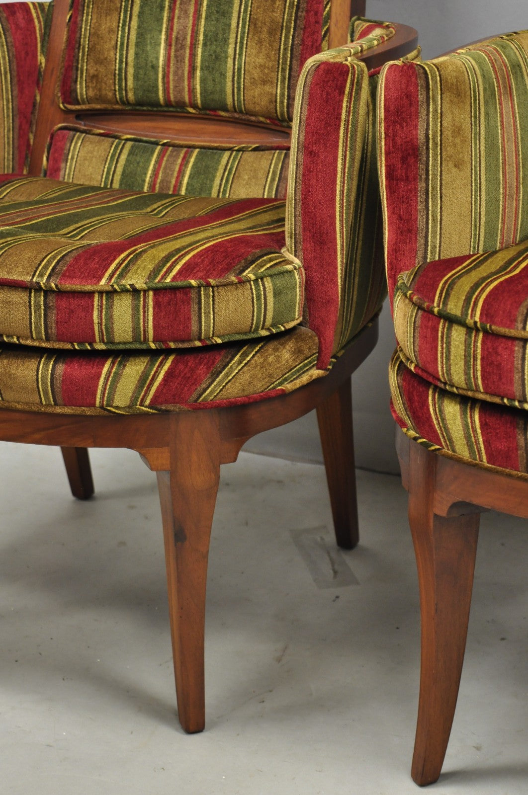 Vintage Mid Century Modern Walnut Panel Back Sculptural Lounge Arm Chairs - Pair