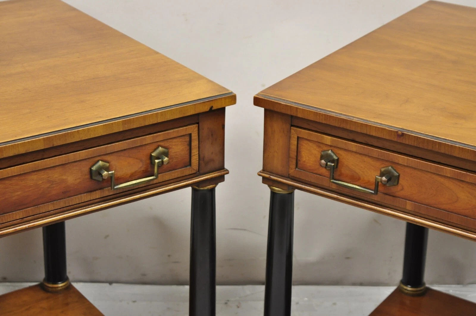 French Empire Cherry Wood Black Column 1 Drawer Lamp End Table by Heritage, Pair