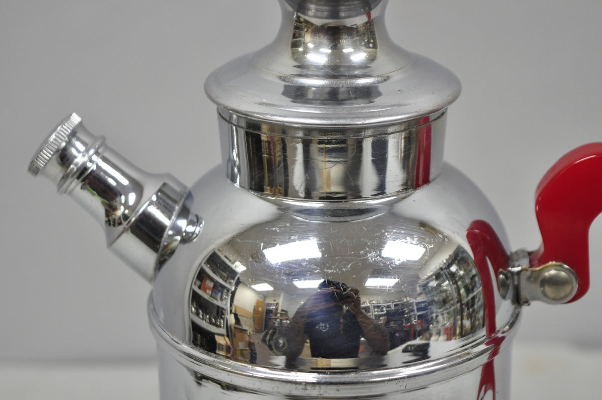Vintage Art Deco Chrome Cocktail Martini Shaker Red Bakelite Handle by Chromium