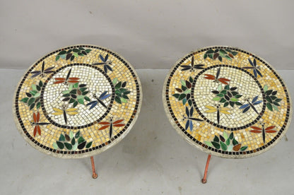 Dragonfly Mosaic Tile Round Stone Top Iron Base Patio Side Tables - a Pair