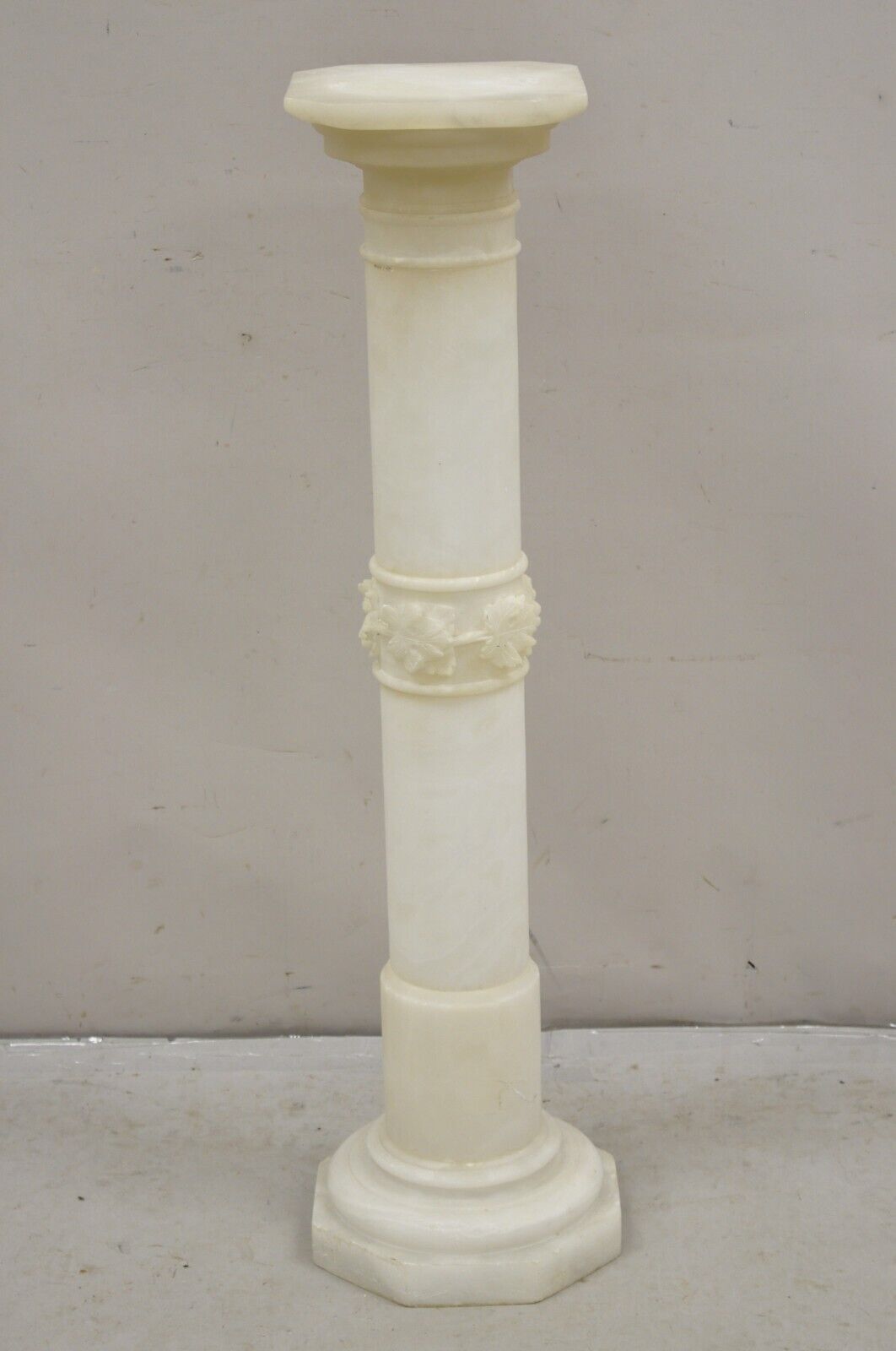 Antique Italian Carved Alabaster Maple Leaf Classical Pedestal Column Stand