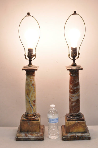 Contemporary Italian Neoclassical Rouge Marble Column Empire Table Lamps - Pair