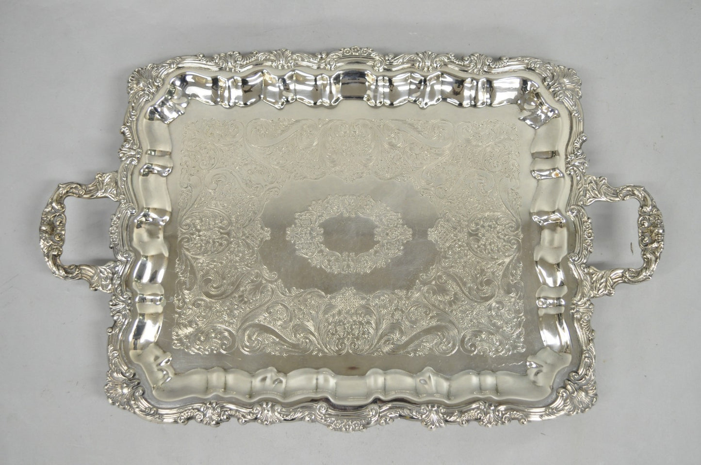 Vintage Victorian Silver Plated Rectangular Twin Handle Footed Bar Serving Tray