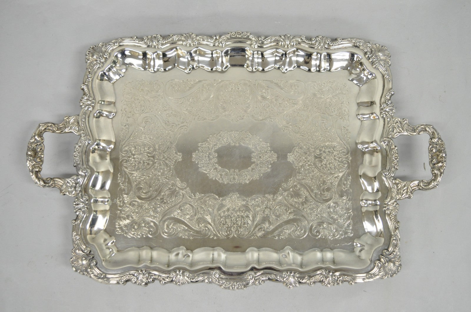 Vintage Victorian Silver Plated Rectangular Twin Handle Footed Bar Serving Tray