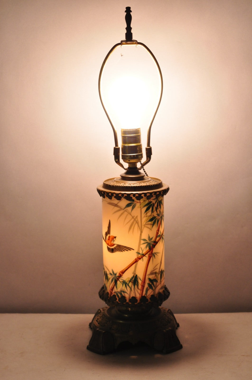 Art Nouveau Converted Oil Lamp Glass Cylinder Bird Painted Bronze Table Lamp