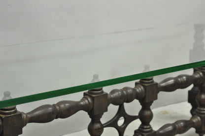 Vintage Gothic Renaissance Wooden Fretwork Rectangular Glass Top Coffee Table