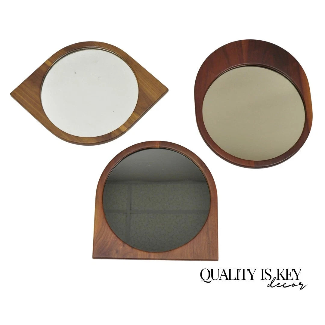 Mid Century Danish Modern Style Sculpted Solid Teak Wood Mirrors - 3 pc Set