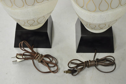 Vintage Mid Century Modern Sculpted Frosted Glass Gold Wavy Table Lamps - a Pair