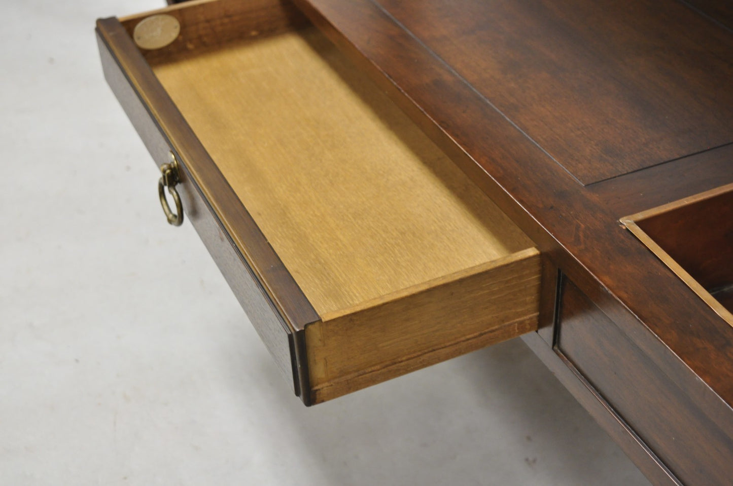 Vintage Baker Dark Cherry Wood Narrow French Console Hall Table w Copper Inserts