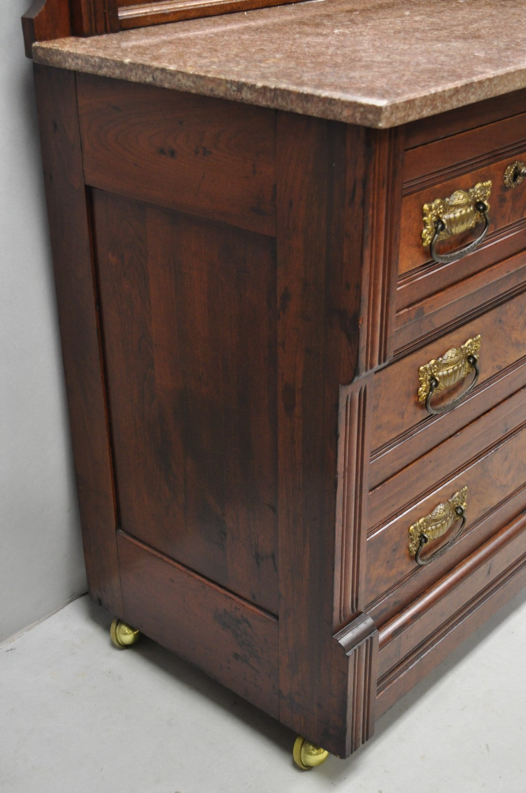 Antique Eastlake Victorian Burl Walnut Marble Top Washstand Dresser w/ Mirror