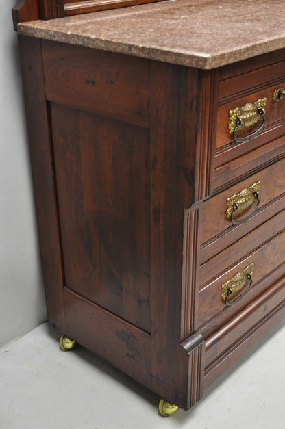 Antique Eastlake Victorian Burl Walnut Marble Top Washstand Dresser w/ Mirror