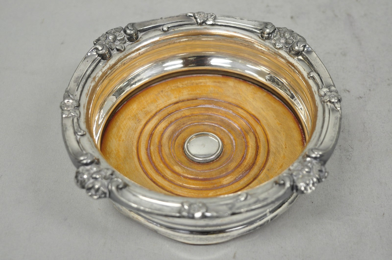 Antique English Victorian Silver Plated Rose Repousse Bar Wine Bottle Coaster