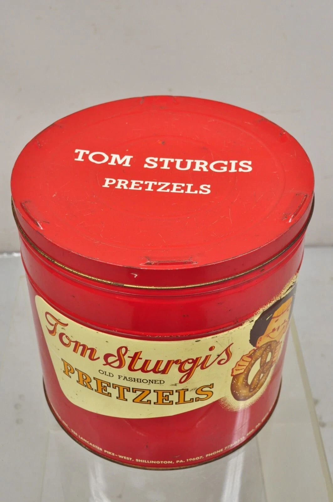 Vintage Tom Sturgis Pretzels Large Tin Metal Red Advertising Can