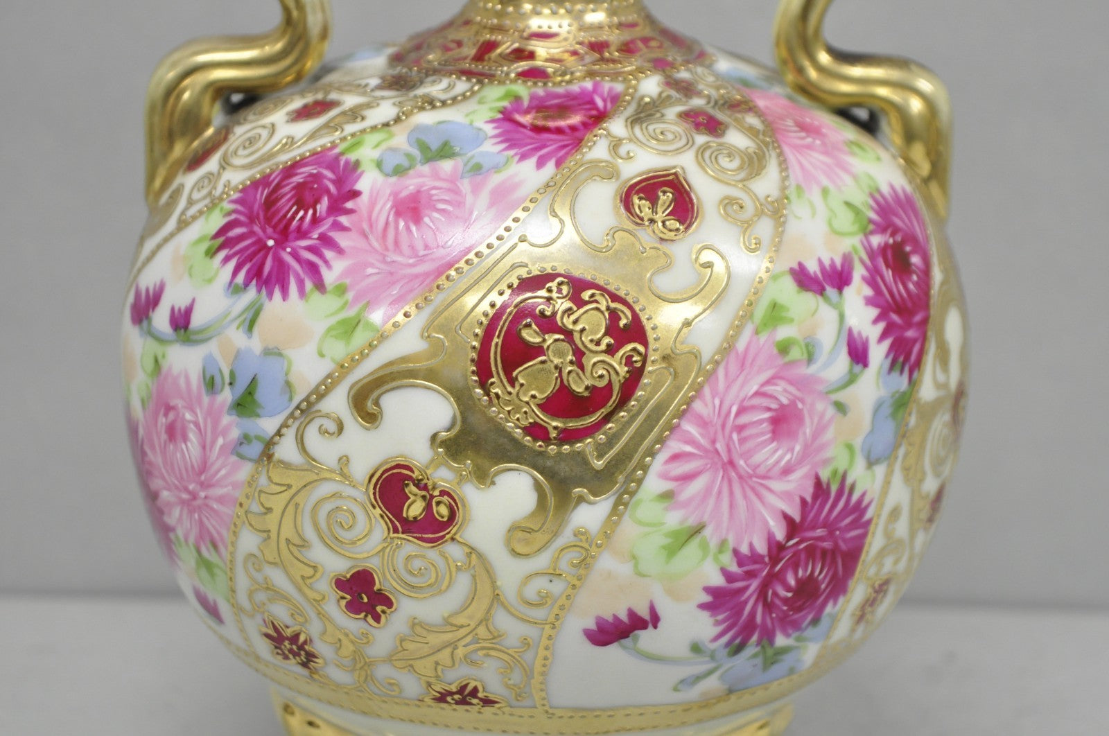 Antique Nippon Moriage Porcelain Twin Handle Ball Vase w/ Hand Painted Roses