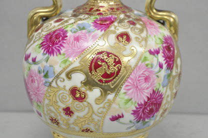 Antique Nippon Moriage Porcelain Twin Handle Ball Vase w/ Hand Painted Roses