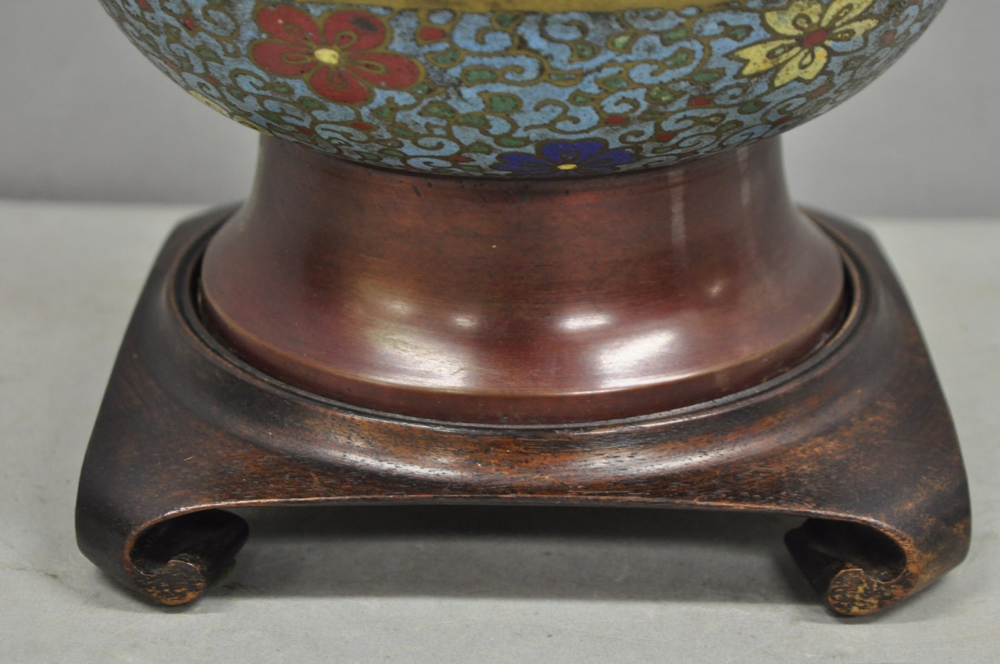 Antique Chinoiserie Blue Cloisonne Enamel Bronze Champleve Vase Table Lamp