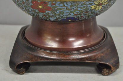 Antique Chinoiserie Blue Cloisonne Enamel Bronze Champleve Vase Table Lamp