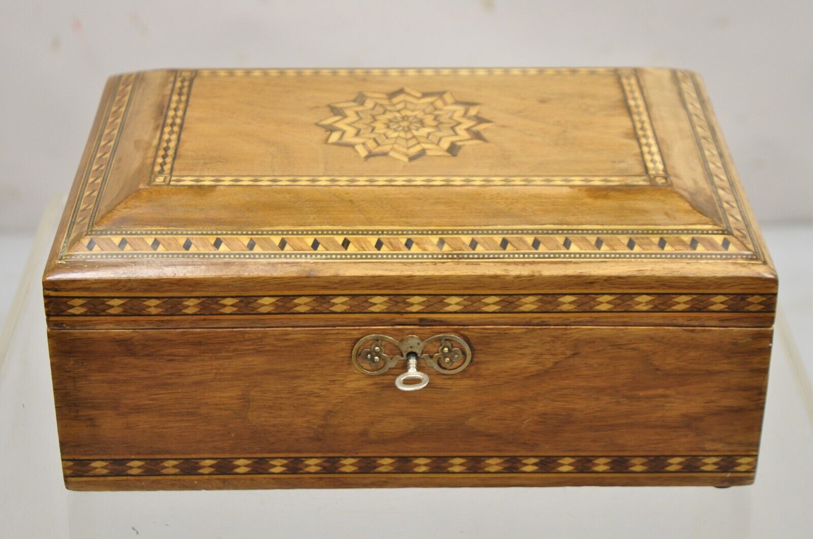 Antique English Marquetry Inlaid Wood Large Tea Caddy Lined in Metal Desk Box