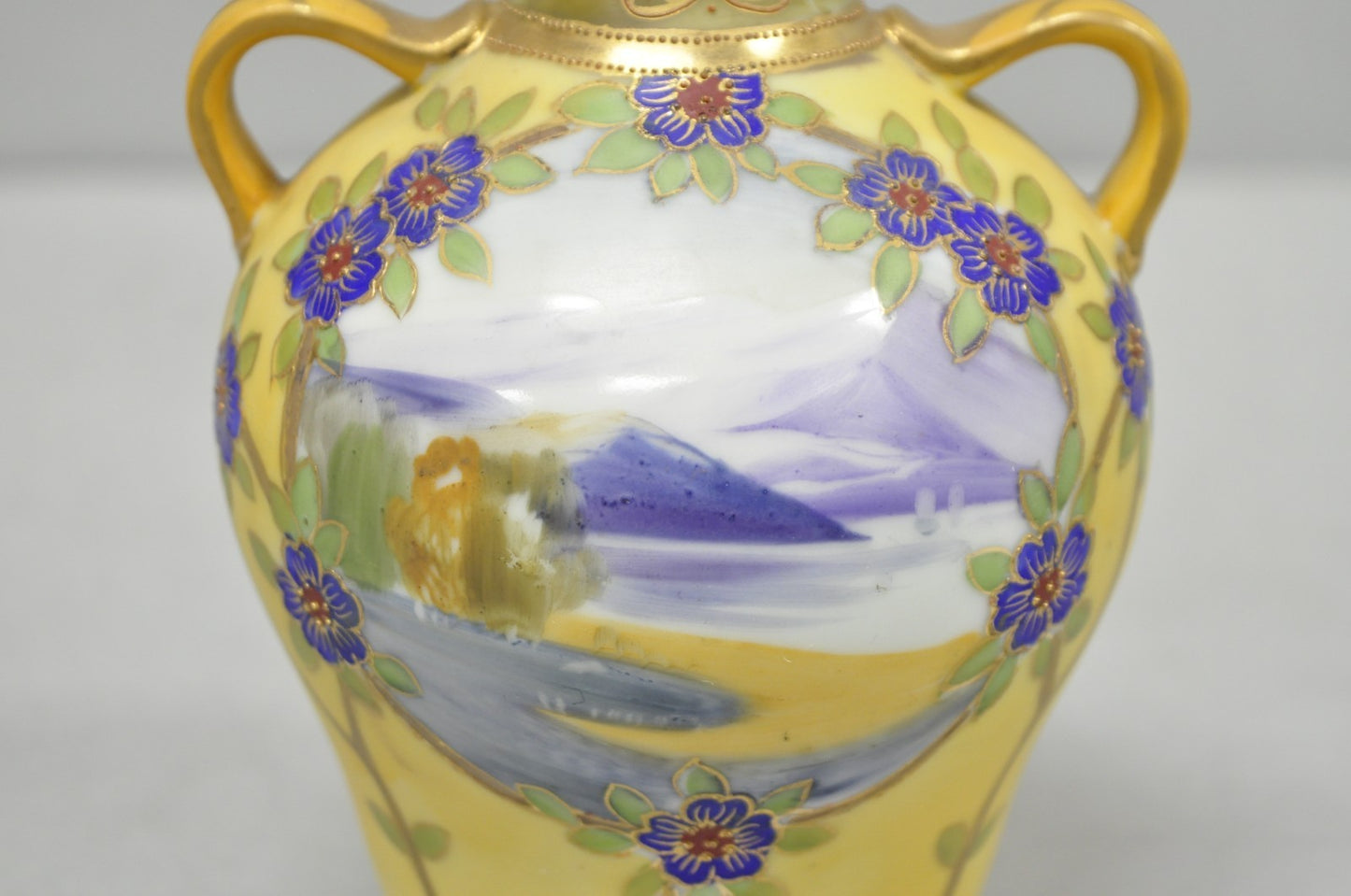 Antique Nippon Hand Painted Porcelain Moriage Mountain Scene Small Yellow Vase