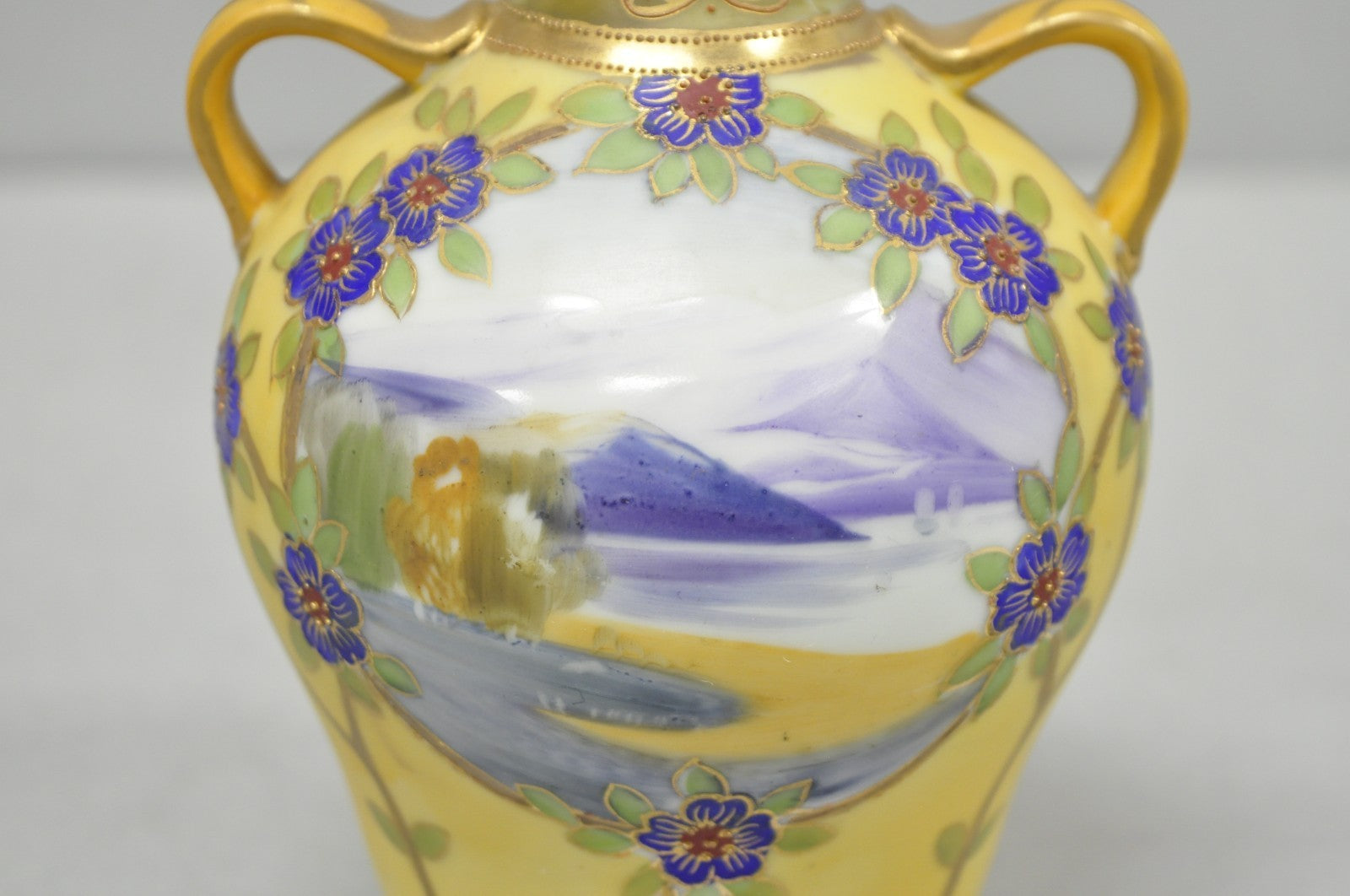 Antique Nippon Hand Painted Porcelain Moriage Mountain Scene Small Yellow Vase