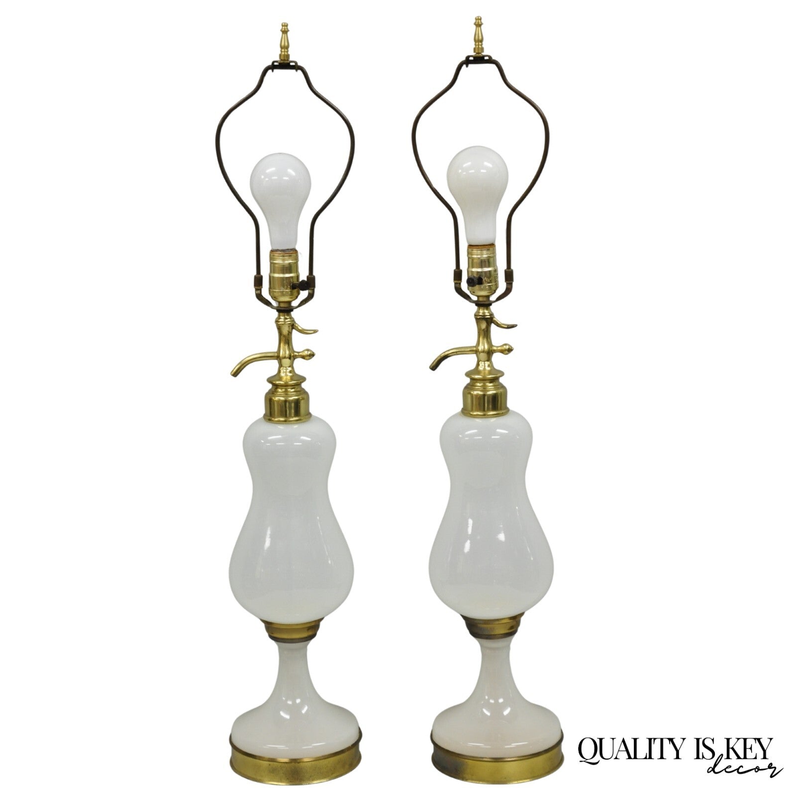 Mid Century Modern White Opaline Milk Glass Seltzer Bottle Table Lamps - a Pair