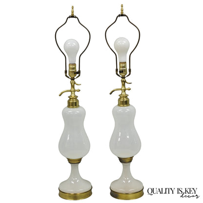 Mid Century Modern White Opaline Milk Glass Seltzer Bottle Table Lamps - a Pair