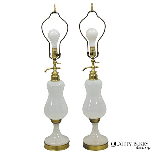 Mid Century Modern White Opaline Milk Glass Seltzer Bottle Table Lamps - a Pair