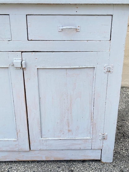 Antique French Country Farmhouse White 2 Piece Step Back Hutch Kitchen Cupboard