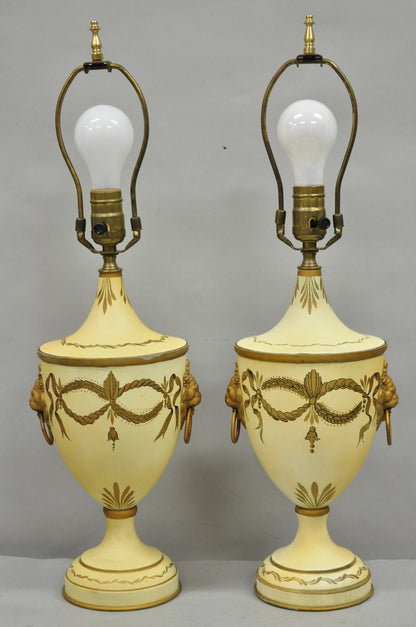 Vintage Italian Regency Tole Metal French Country Cream Gold Urn Table Lamp Pair