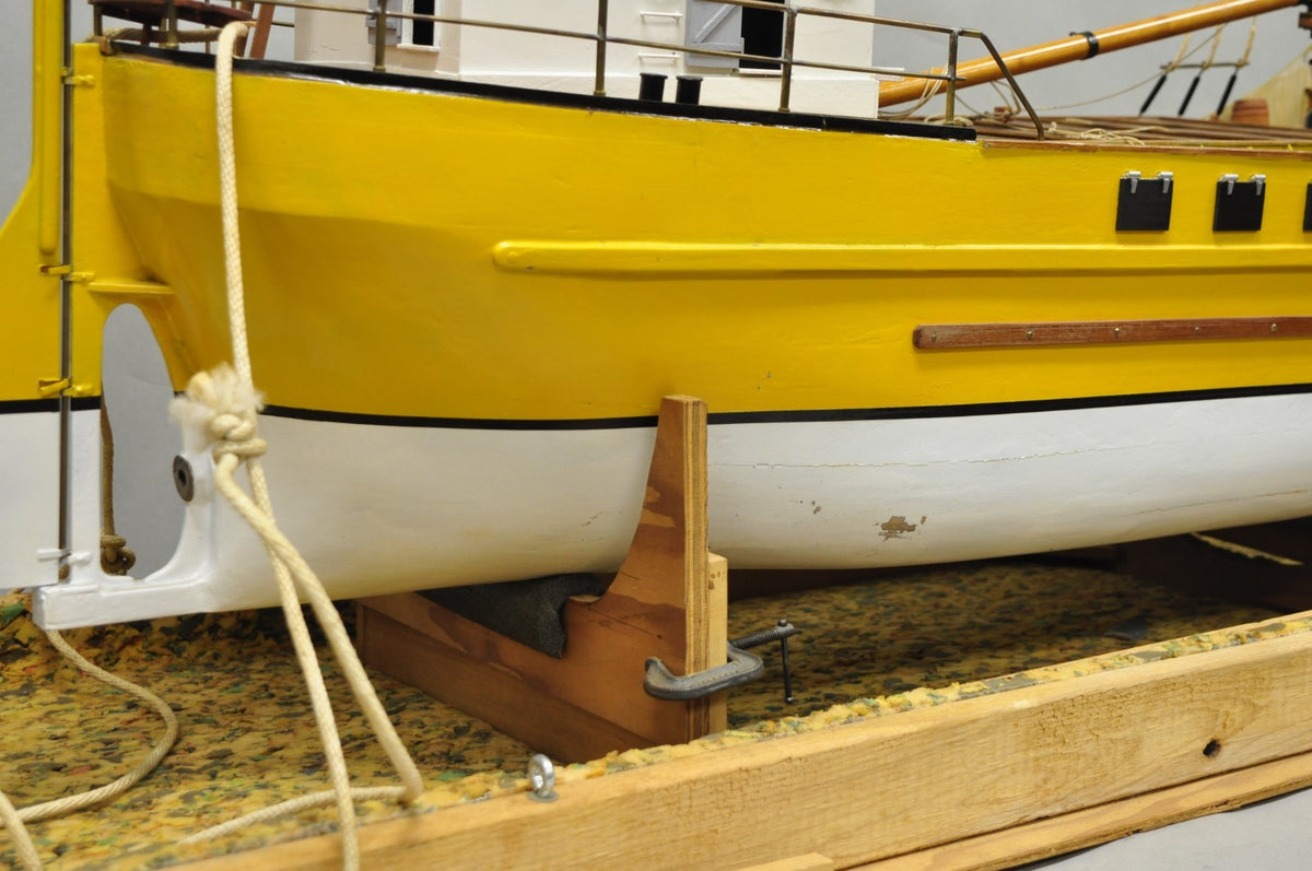 Large 48" Vintage Wooden Fishing Vessel Model Ship Yellow Hull South Korean Flag