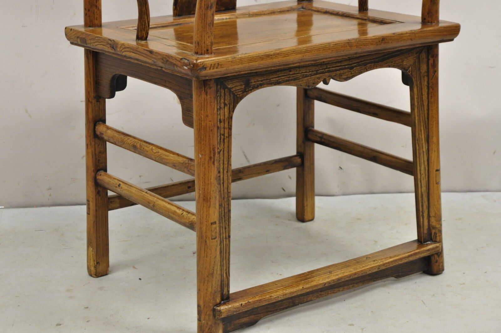 Vintage Chinese Elm Wood Ming Yoke Back Lacquered Asian Scholars Arm Chair