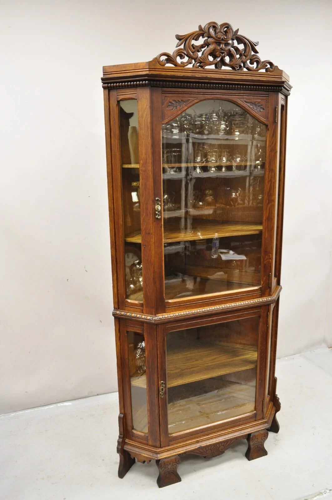 Antique Victorian Renaissance Oak Glass Door Carved Curio Corner China Cabinet