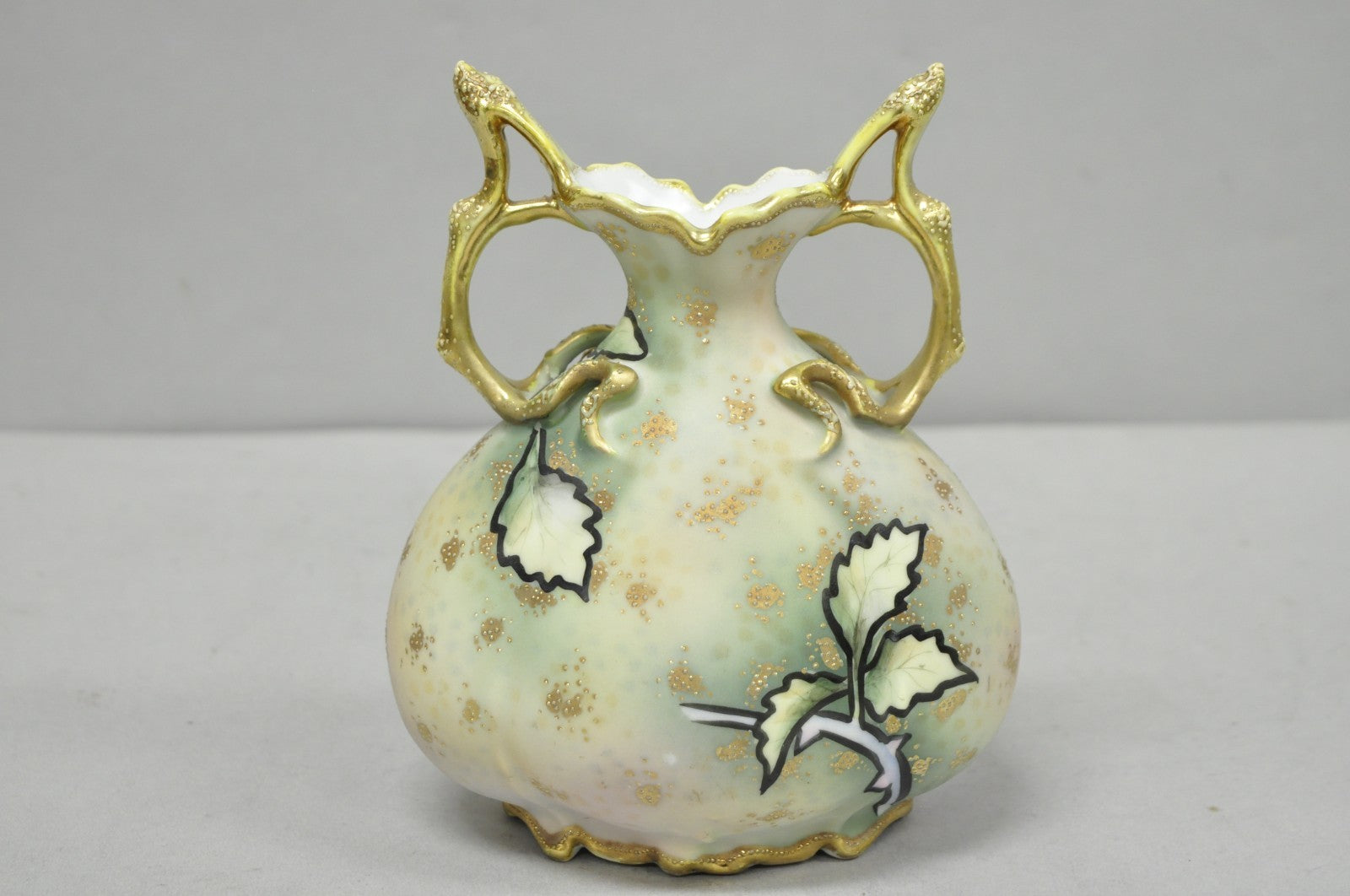 Antique Nippon Hand Painted Porcelain Twin Branch Handle Yellow Rose Small Vase